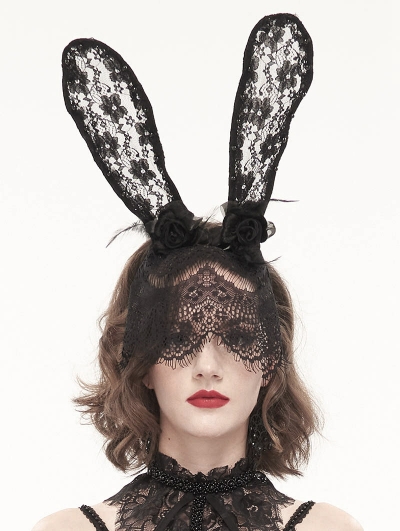 Black Gothic Lace Rabbit Ears Headdress with Face Mask