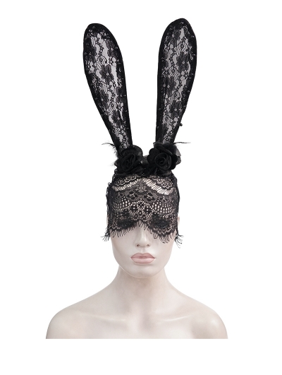 Black Gothic Lace Rabbit Ears Headdress with Face Mask