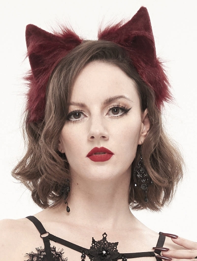 Red Gothic Faux Fur Cat Ears Headdress