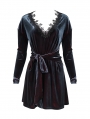 Dark Blue Gothic Velvet Elegant V-Neck Long Sleeve Dress