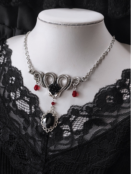 Black Gothic Retro Double Snake Rose Crystal Pendant Necklace ...
