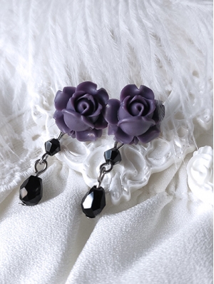 Dark Purple and Black Gothic Retro Rose Crystal Pendant Earrings