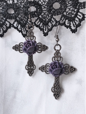 Dark Gothic Retro Rose Cross Pendant Earrings