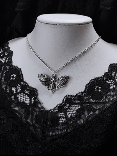 Dark Gothic Vintage Skull Butterfly Wings Pendant Necklace