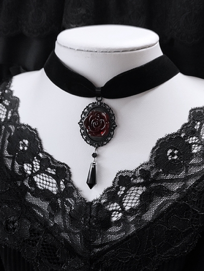 Black Gothic Vintage Vampire Blood Rose Velvet Pendant Choker