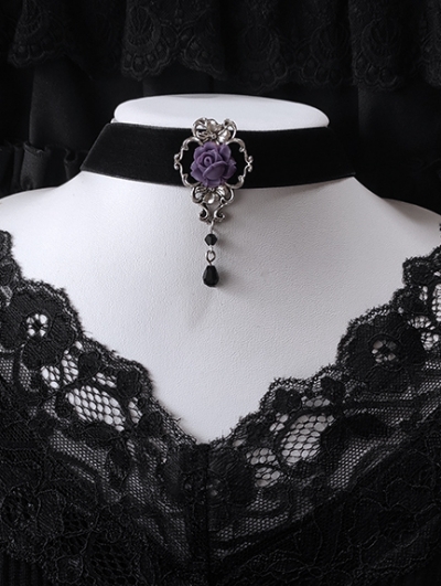 Black Gothic Classical Purple Rose Velvet Pendant Choker