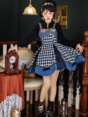Dark Blue Rhombus Print Embroidered Lace Gothic Lolita JSK Dress