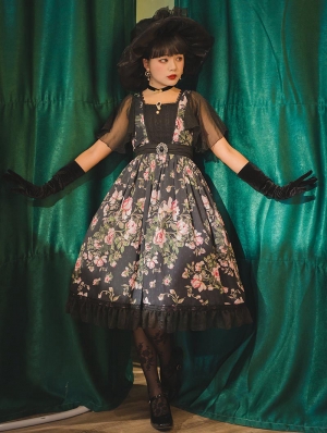 Black Retro Chiffon Floral Pattern Short Sleeve Gothic Lolita OP Dress