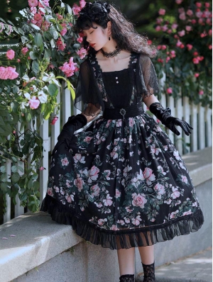 Black Retro Chiffon Floral Pattern Short Sleeve Gothic Lolita OP Dress