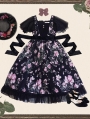 Black Retro Chiffon Floral Pattern Short Sleeve Gothic Lolita OP Dress