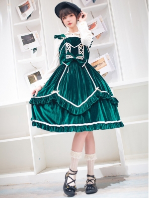Neverland Laurel Dark Green Ruffled Velvet Sweet Lolita JSK Dress