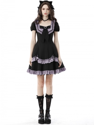 Black and Purple Gothic Rock Girl Short Sleeve Preppy Dress