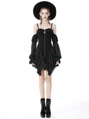 Black Gothic Moon Sexy Off-the-Shoulder Long Sleeve Short Dress