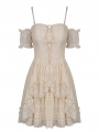 Ivory Gothic Steampunk Off-the-Shoulder Princess Lace Frilly Short Dress