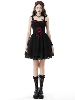 Black and Wine Red Cute Gothic Doll Mesh Short Daily Wear Dress