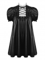 Black and White Gothic PU Leather Rebel Doll Short Puff Sleeve Dress