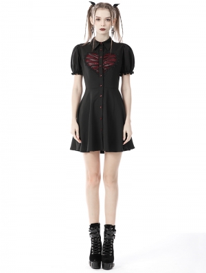 Black and Red Gothic Rope Heart Button Front Short Daily Wear Dress