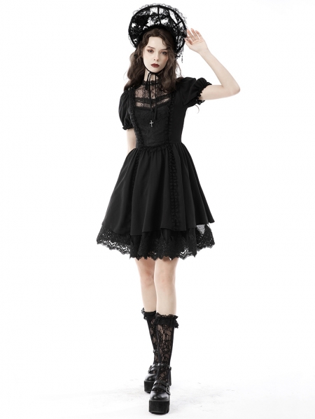 Black Gothic Short Sleeve Doll Daily Wear Dress - Devilnight.co.uk