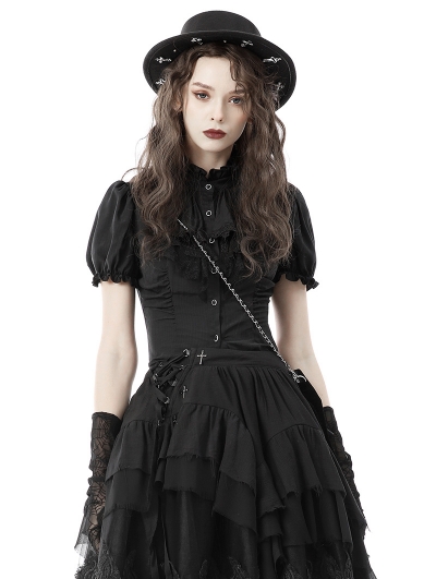 Black Retro Gothic Short Puff Sleeve Daily Wear Blouse for Women