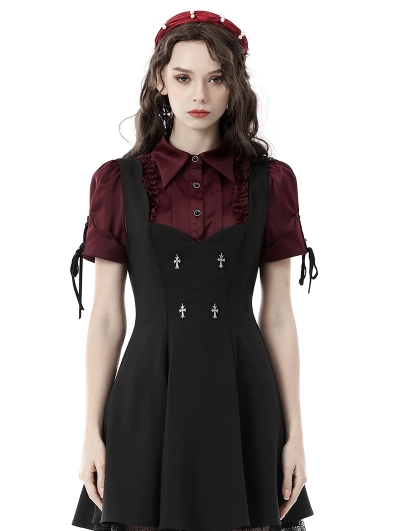 Wine Red Gothic Retro Elegant Short Puff Sleeve Blouse for Women