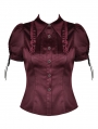 Wine Red Gothic Retro Elegant Short Puff Sleeve Blouse for Women