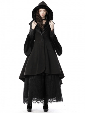 Black Gothic Lady Long Hooded Cocktail Winter Warm Coat With Detachabale Collar