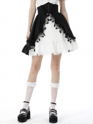 Black and White Lolita Frilly Star High Waist Short Skirt