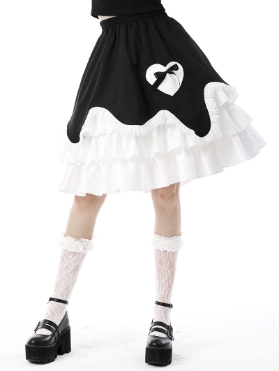 Black and White Gothic Lolita Frilly Bow Heart Short Skirt