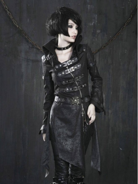 Black Leather Gothic Punk Trench Coat for Women - Devilnight.co.uk
