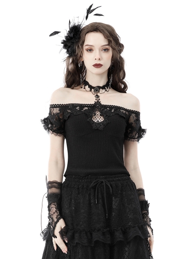 Black Gothic Lace Off-the-Shoulder Short Sleeve Top for Women