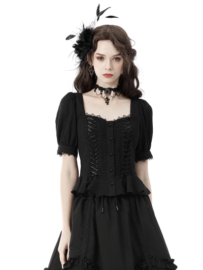 Black Gothic Lolita Rope Button Short Sleeve Shirt for Women