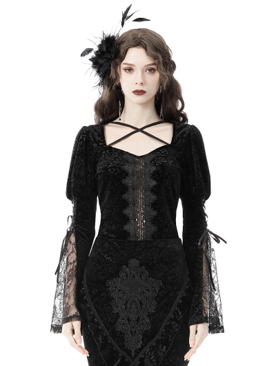 Black Elegant Gothic Vintage Velvet Long Bell Sleeves Shirt for Women