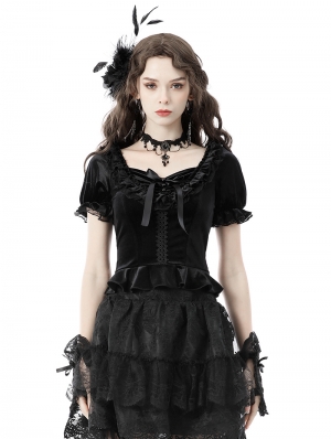 Black Cute Gothic Frilly Velvet Short Puff Sleeves Top for Women