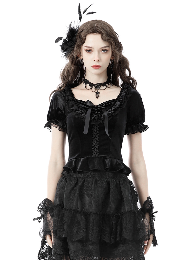 Black Cute Gothic Frilly Velvet Short Puff Sleeves Top for Women