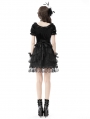 Black Cute Gothic Frilly Velvet Short Puff Sleeves Top for Women