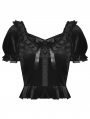 Black Cute Gothic Frilly Velvet Short Puff Sleeves Top for Women