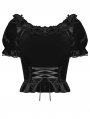 Black Cute Gothic Frilly Velvet Short Puff Sleeves Top for Women