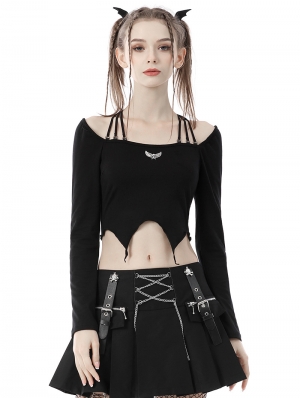 Black Gothic Rock Girl Halter Long Sleeve Short Top for Women