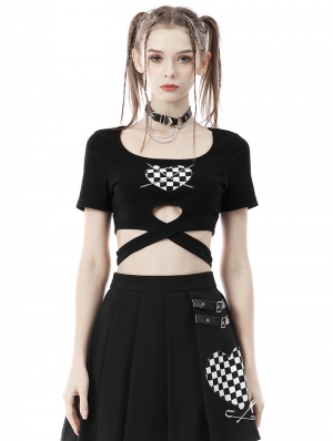 Black Gothic Grunge Checkered Heart Crop Top for Women