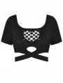 Black Gothic Grunge Checkered Heart Crop Top for Women