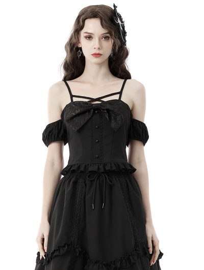 Black Cute Gothic Big Bowknot Off-the-Shoulder Top for Women