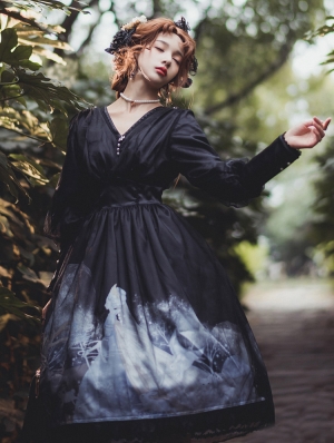 Black/Blue Winter Tour Retro Elegant Princess Long Sleeve Gothic Lolita OP Dress