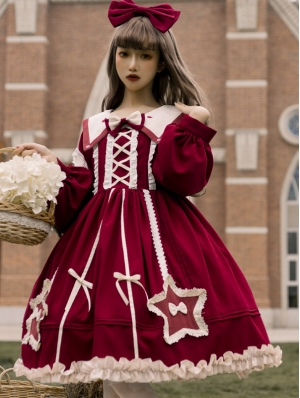 Pink/Red Star Wishes Cute Daily Long Sleeve Sweet Lolita OP Dress
