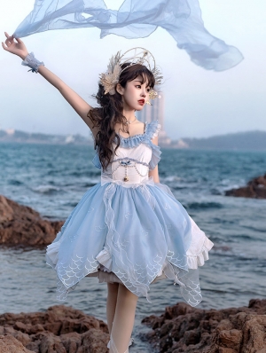 Sea Mermaid Blue and White Fish Scale Embroidery Sweet Lolita JSK Dress