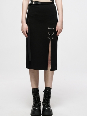 Black Gothic Punk Grunge Chain Embellished Long Slit Skirt