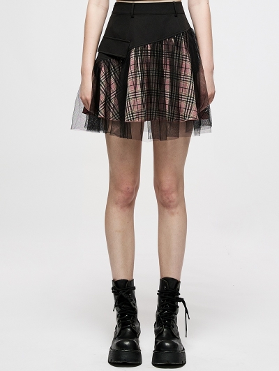 Black and Pink Plaid Gothic Grunge Mesh High Waist Short Skirt