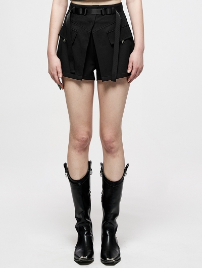 Black Gothic Punk A-Line Casual Fake Two-Piece Shorts for Women