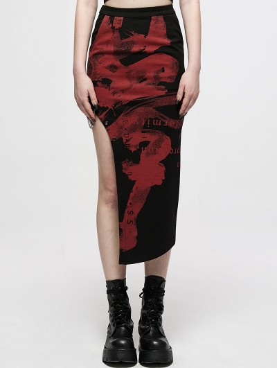Black and Red Sexy Gothic Punk Handwritten Ink Print Asymmetric Long Skirt
