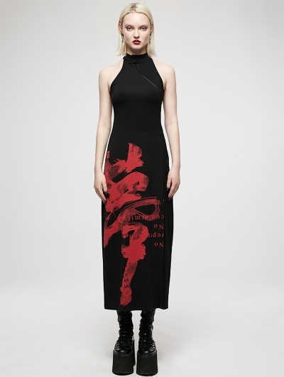 Black and Red Sexy Gothic Punk Chinese Style Handwritten Ink Print Long Dress