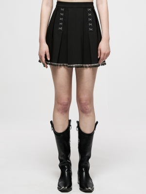 Black Gothic Punk Metal Buckle Pleated Short Skirt